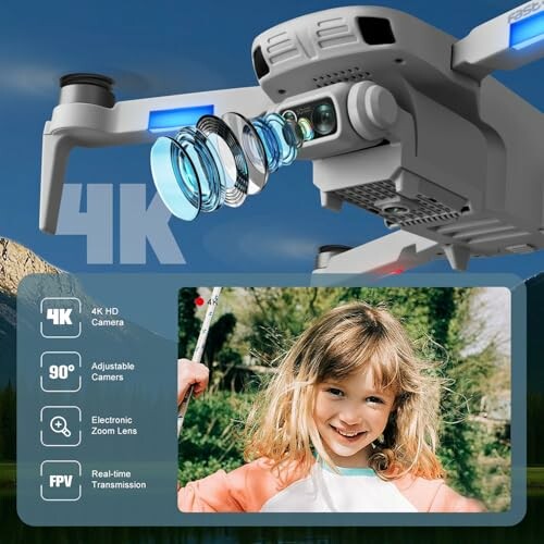 Drone with 4K camera and a child holding a stick.