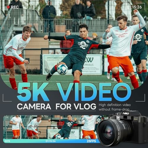Soccer match with 5K video camera advertisement overlay.