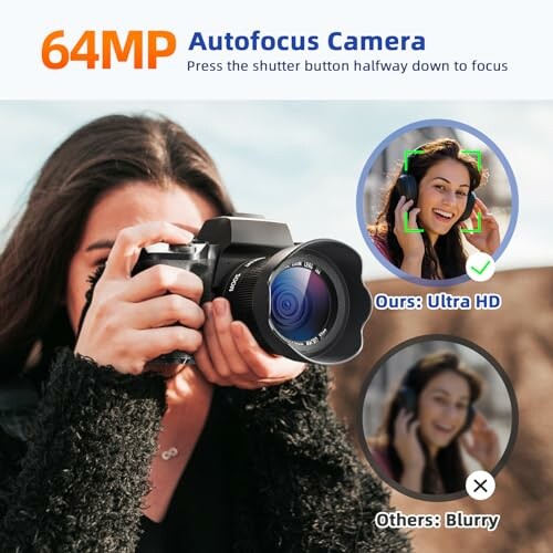 Woman using 64MP autofocus camera with comparison between ultra HD and blurry images.