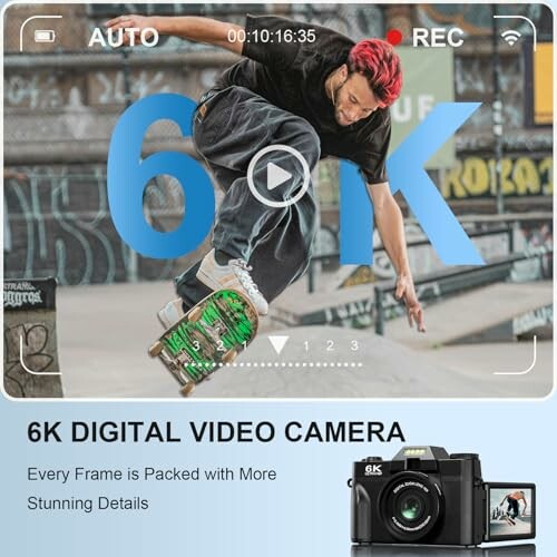 Skateboarder performing a trick in front of 6K digital camera display.