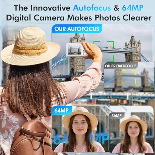 Woman using camera with autofocus feature compared to fixed focus.