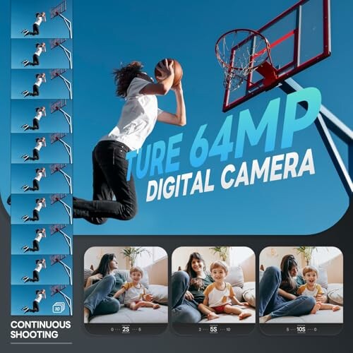 Person performing a slam dunk with a basketball; digital camera features highlighted.