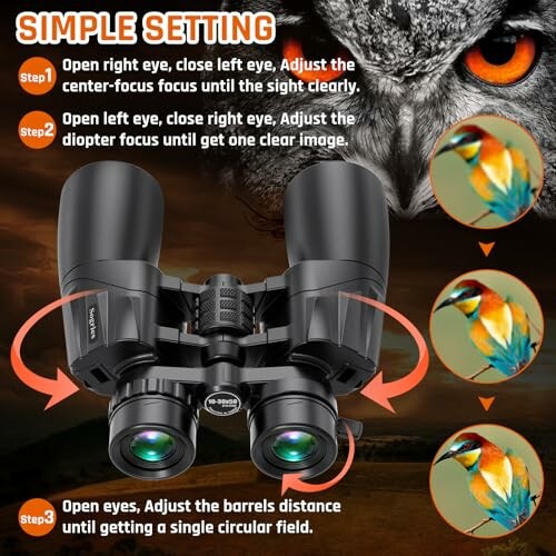 Guide for adjusting binoculars with owl and bird images.
