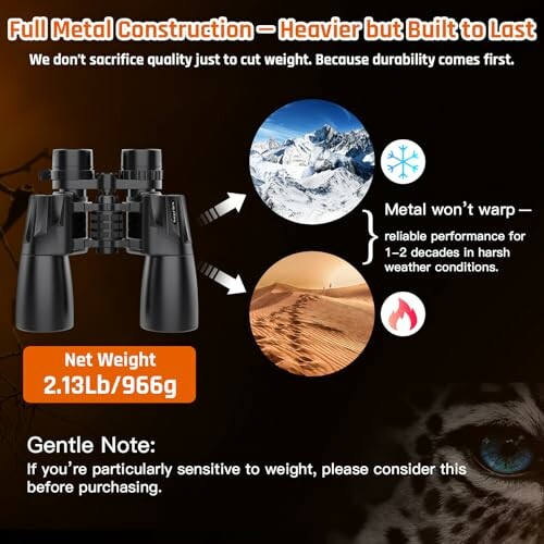 Binoculars with metal construction emphasizing durability and weight.