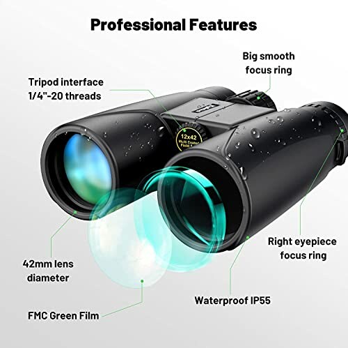 Binoculars highlighting features like smooth focus ring, tripod interface, 42mm lens, and waterproof design.
