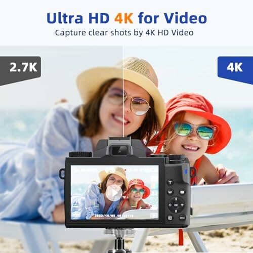 Camera displaying photo of woman and child in hats on beach