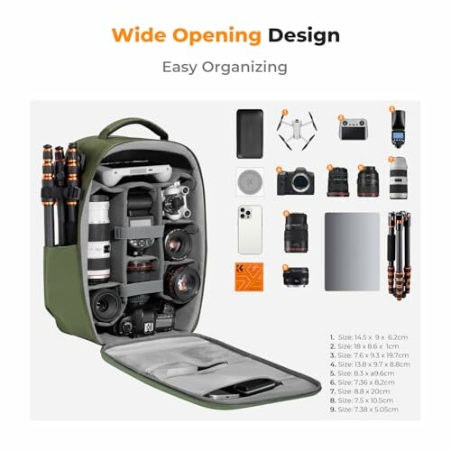 Camera backpack with compartments for lenses, drone, and accessories.
