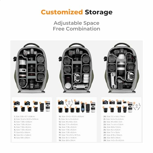 Three camera backpacks with customizable storage compartments.