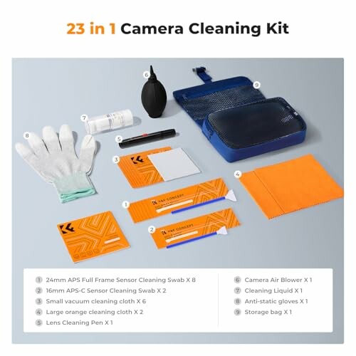 23 in 1 Camera Cleaning Kit with various tools including swabs, gloves, blower, and cleaning cloths.
