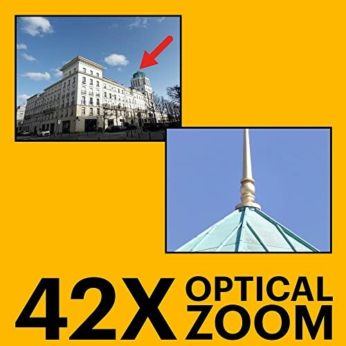 Comparison of a building with and without 42X optical zoom.