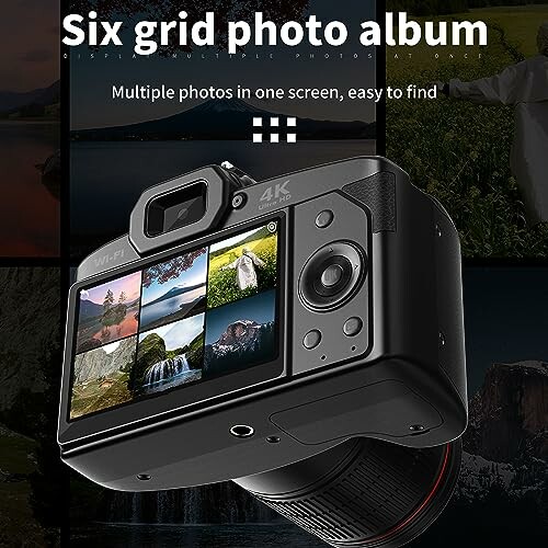 Camera showing a six-grid photo album on its display.