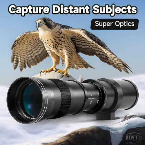 A falcon perched on a large telephoto camera lens with the text 'Capture Distant Subjects, Super Optics'.