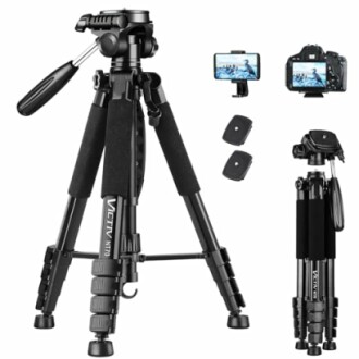 Camera tripod with phone and camera mounts, and remote controls.