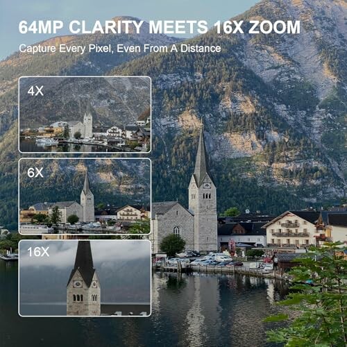 Camera zoom comparison with a mountain town, showing 4x, 6x, and 16x zoom levels.