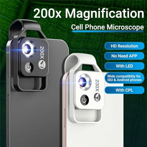 200x magnification cell phone microscope with HD resolution, LED, and CPL.