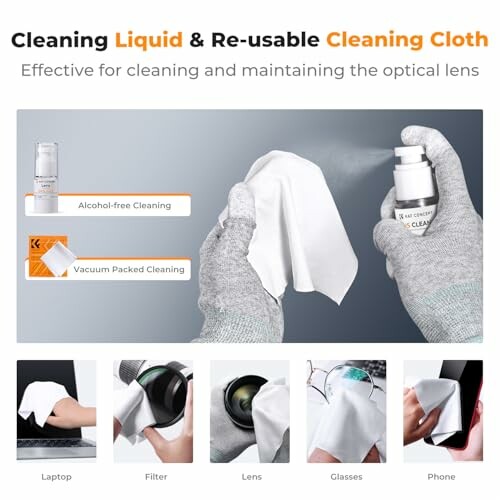 Cleaning liquid and reusable cloth for optical lens maintenance.