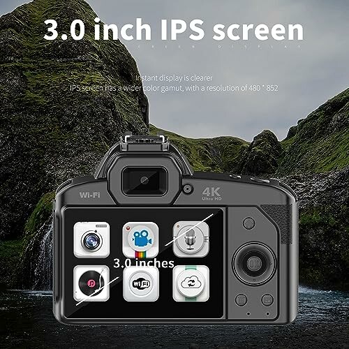 Back view of a digital camera showing a 3.0-inch IPS screen with menu icons, against a nature background.