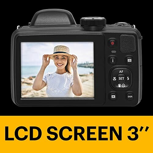 Digital camera displaying a woman smiling on its screen.