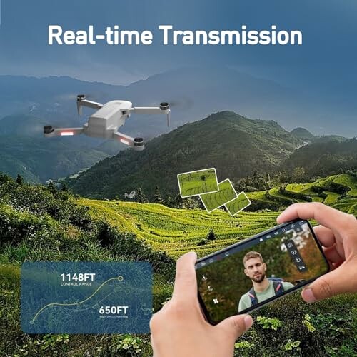 Drone flying over terraced fields, real-time transmission to smartphone.