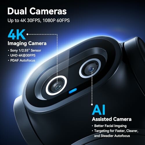 Close-up of dual cameras with 4K imaging and AI features.
