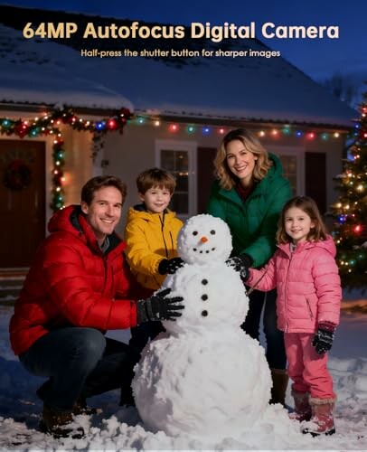 Family building a snowman in winter, with holiday decorations and a digital camera advertisement.