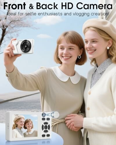 Two people using a camera with front and back HD displays.