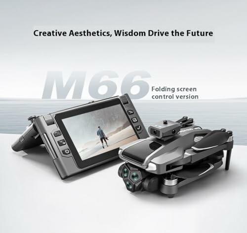 Futuristic drone with folding screen controller.