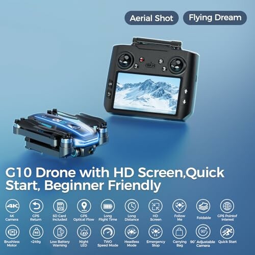 G10 Drone with HD screen and remote control, beginner-friendly features.