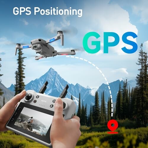 Hands holding a drone controller with a drone flying over a mountain landscape, illustrating GPS positioning.