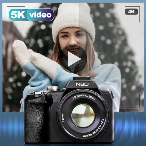 Camera showcasing 5K video quality with smiling person in snow.