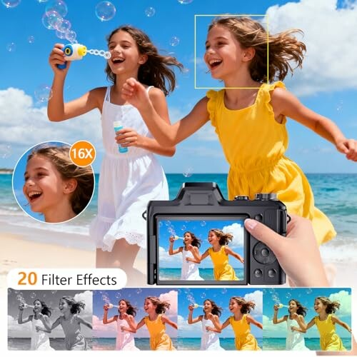 Children running on beach blowing bubbles, with a camera viewfinder showing 20 filter effects.