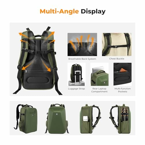 Multi-angle display of a green backpack showing breathable back system, chest buckle, luggage strap, rear laptop compartment, and multi-function pockets.