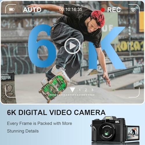 Skateboarder mid-jump in front of 6K digital camera display.