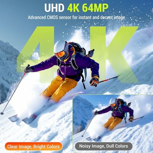 Skier demonstrating UHD 4K 64MP image quality comparison.