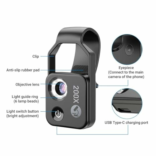 Smartphone microscope clip with labeled parts including eyepiece, objective lens, light guide ring, light switch button, clip, anti-slip rubber pad, and USB Type-C charging port.