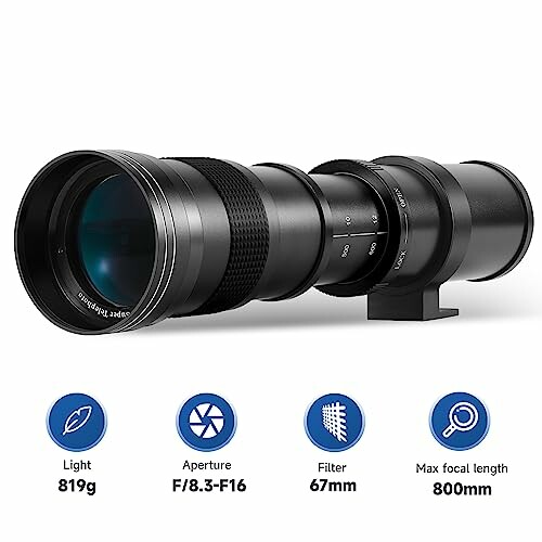 Telephoto camera lens with specifications for weight, aperture, filter size, and focal length.