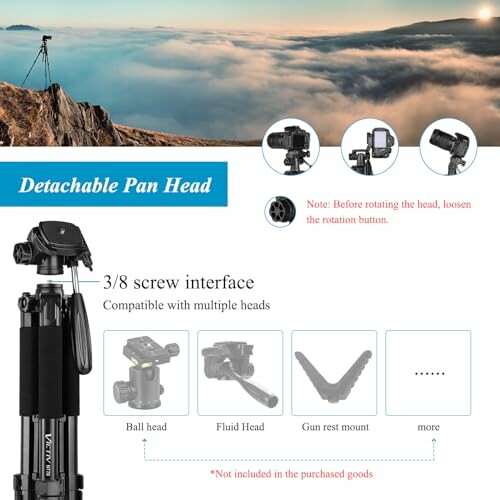 Trípode con cabeza de pan detachable y varias opciones de cabeza.