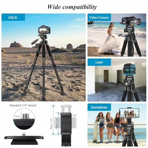 Tripod compatibility with DSLR, video camera, laser, and smartphone.