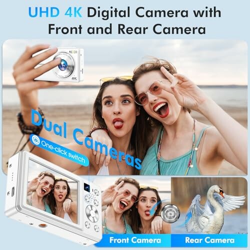 UHD 4K digital camera with front and rear capabilities, featuring dual cameras for flexible photography.