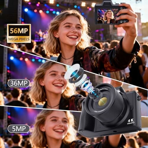 Woman taking a selfie at a concert with a camera showing different megapixel options.