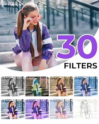 Woman in sunglasses sitting on steps with filter options displayed.